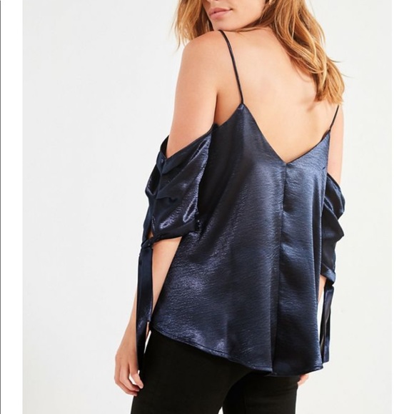 NWT UO Silky Satin Navy Tie Off Shoulder Top - Picture 2 of 5